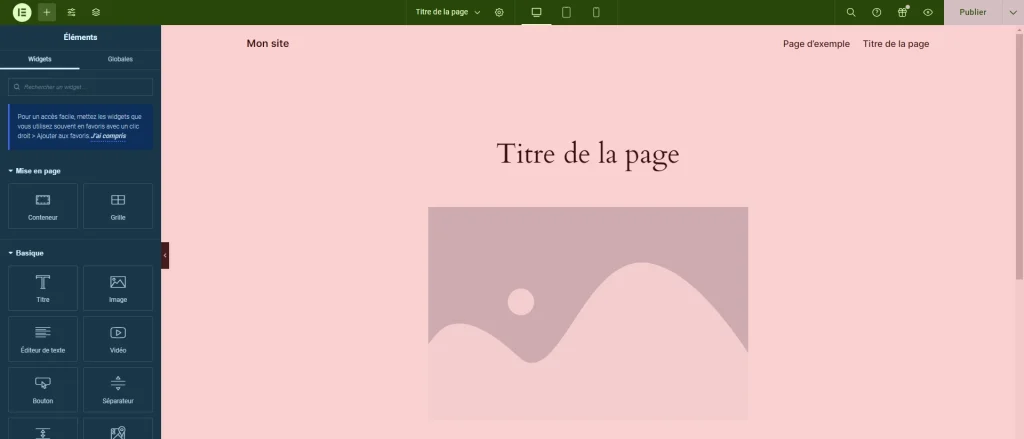 Description de l'interface Elementor